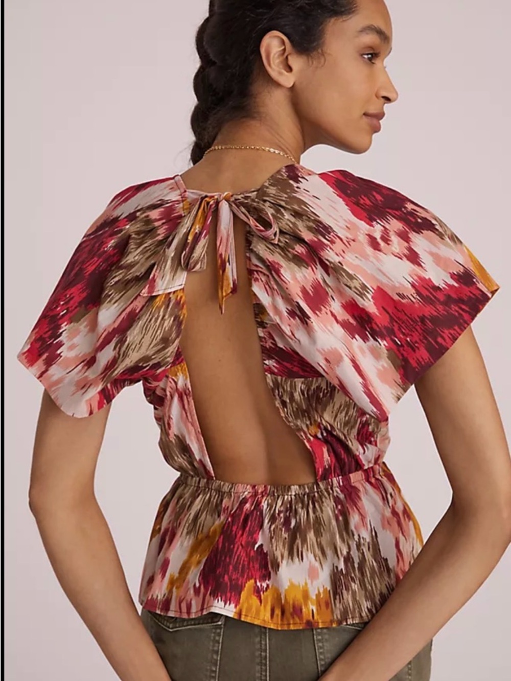 Anthropologie Love The Label Open Back Top Medium Boho Puff Sleeve Tie Neck NWOT